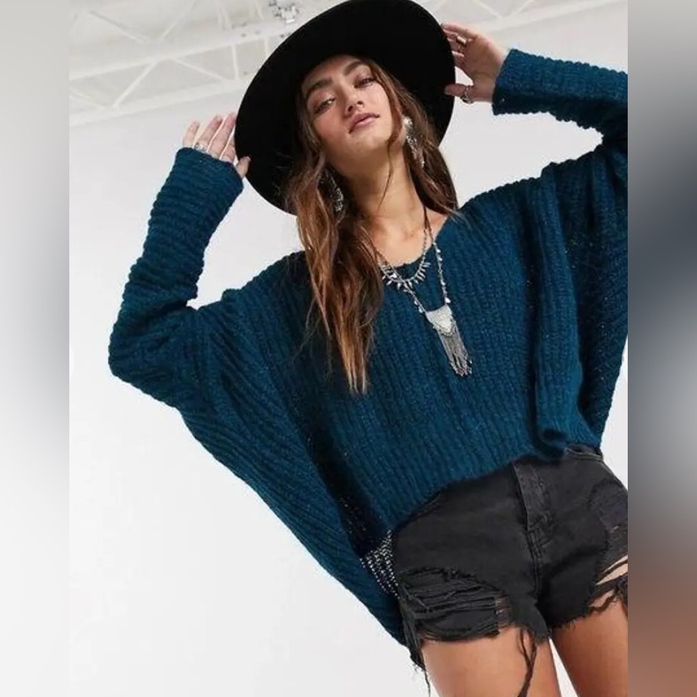 Free PeopleMoonbeam Alpaca Oversized Knit Sweater Blue Dream Lagoon Sz XS (fit S